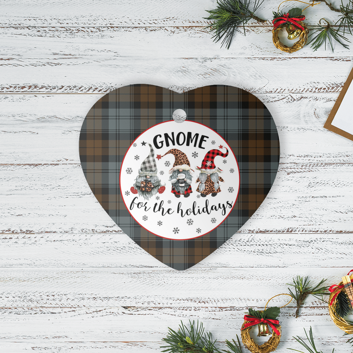 Clan Blackwatch Weathered Tartan Gnome Heart Ceramic Ornament UV77 Blackwatch Weathered Tartan Gnome Tartan Christmas   