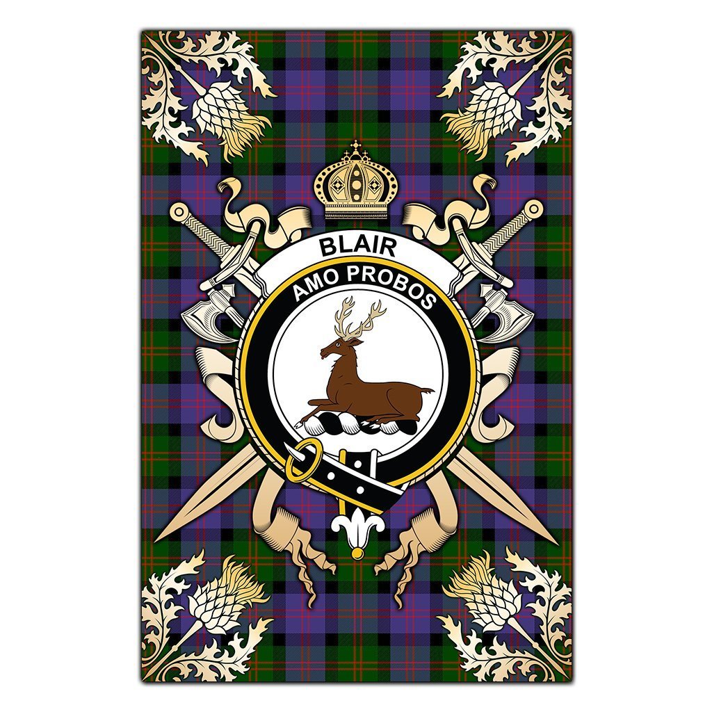 Clan Blair Modern Tartan Crest Black Garden Flag  - Gold Thistle  TI95 Clan Blair Tartan Today   