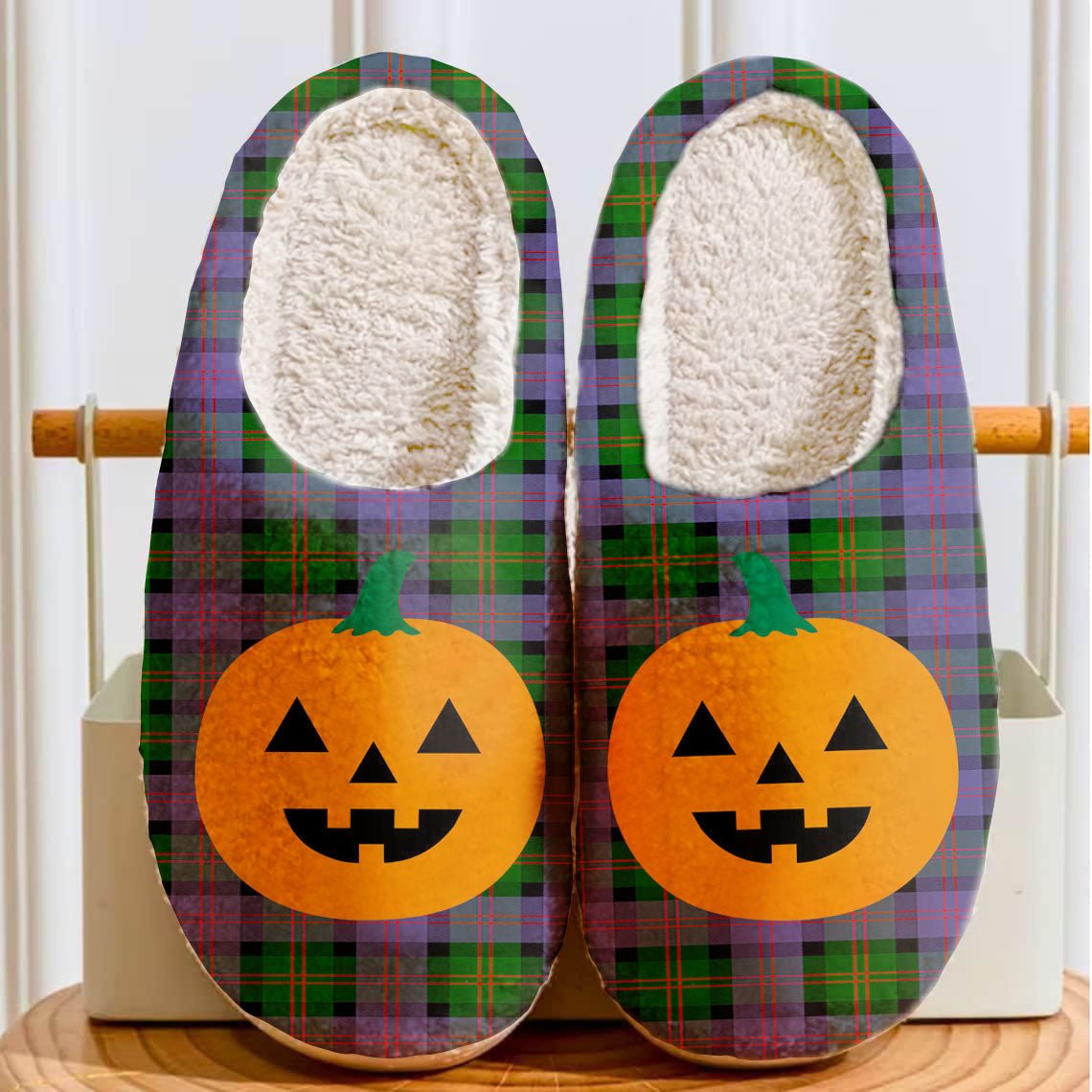 Clan Blair Modern Tartan Halloween Pumpkin Slippers, Fluffy Spooky Slippers VY12 Blair Modern Tartan Tartan Halloween   