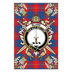 Clan Blane Tartan Crest Black Garden Flag  - Gold Thistle  MI21 Clan Blane Tartan Today   