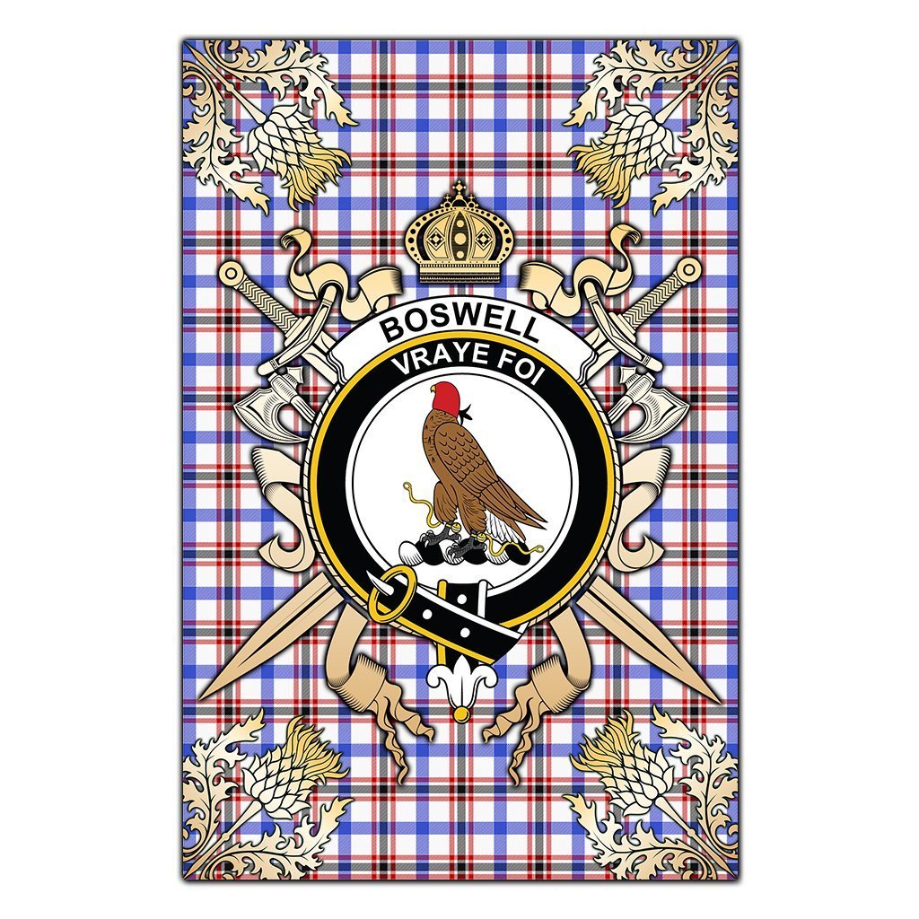 Clan Boswell Modern Tartan Crest Black Garden Flag  - Gold Thistle  NE17 Clan Boswell Tartan Today   