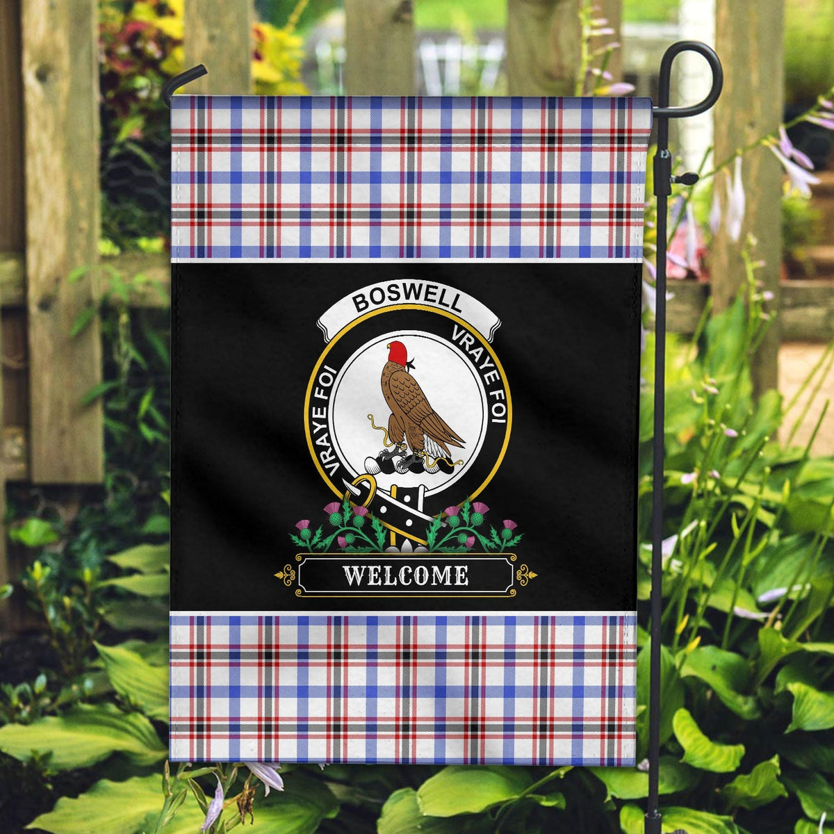 Clan Boswell Modern Tartan Crest Garden Flag  - Welcome  NX42 Clan Boswell Tartan Today   