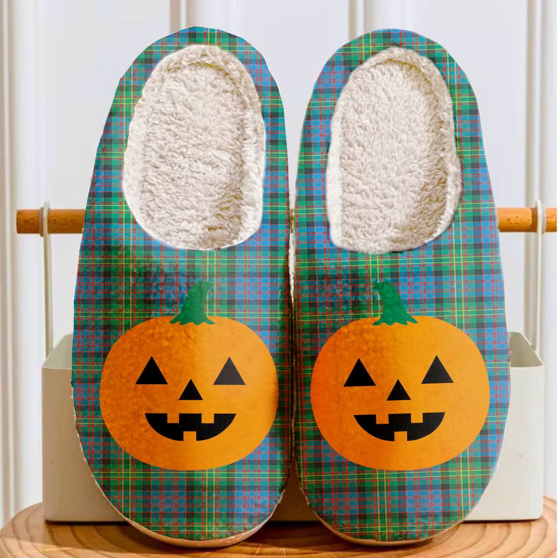 Clan Bowie Ancient Tartan Halloween Pumpkin Slippers, Fluffy Spooky Slippers RR70 Bowie Ancient Tartan Tartan Halloween   