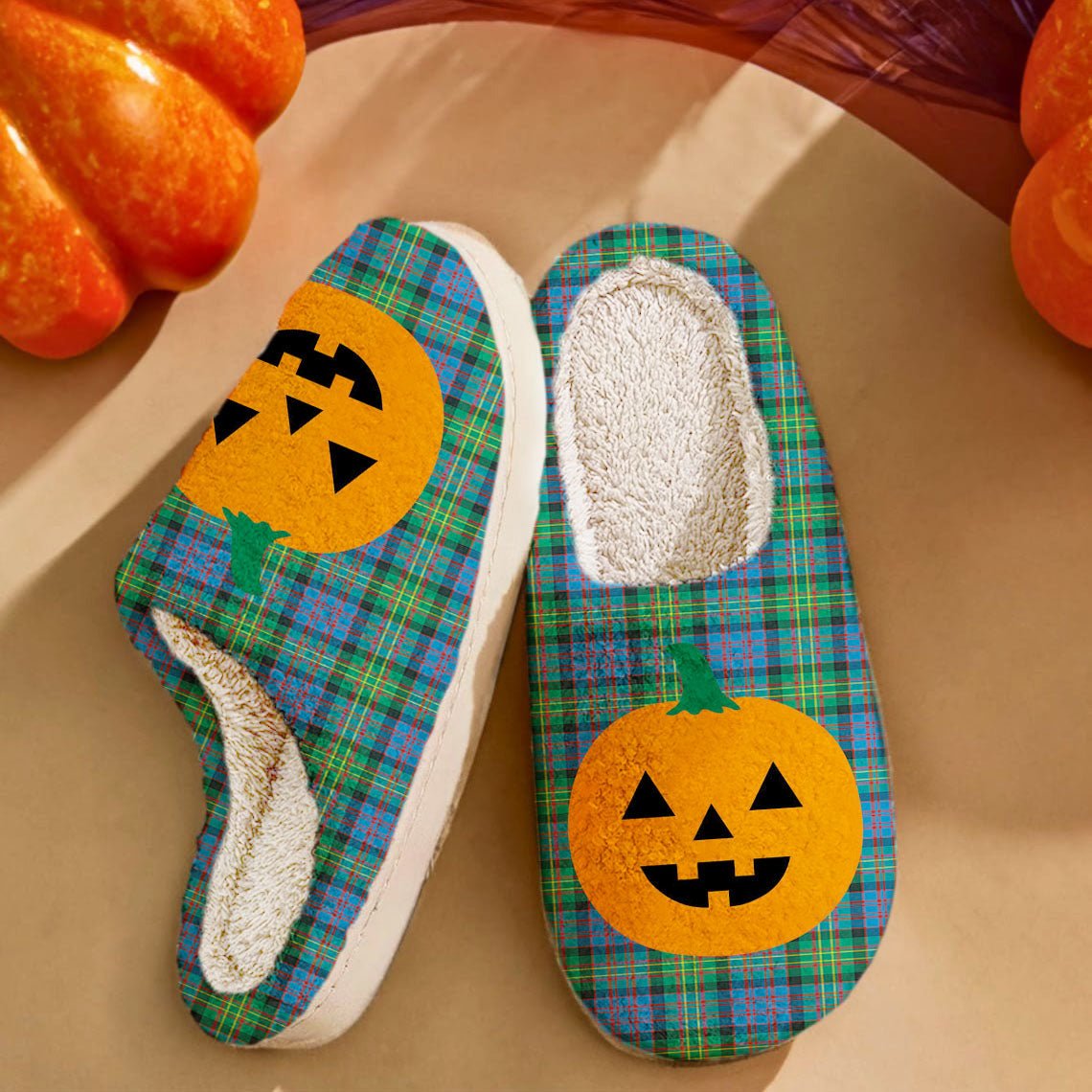 Clan Bowie Ancient Tartan Halloween Pumpkin Slippers, Fluffy Spooky Slippers RR70 Bowie Ancient Tartan Tartan Halloween   