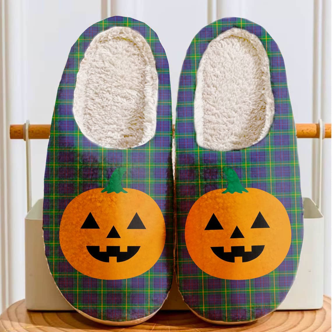 Clan Boyle Tartan Halloween Pumpkin Slippers, Fluffy Spooky Slippers HR49 Boyle Tartan Tartan Halloween   