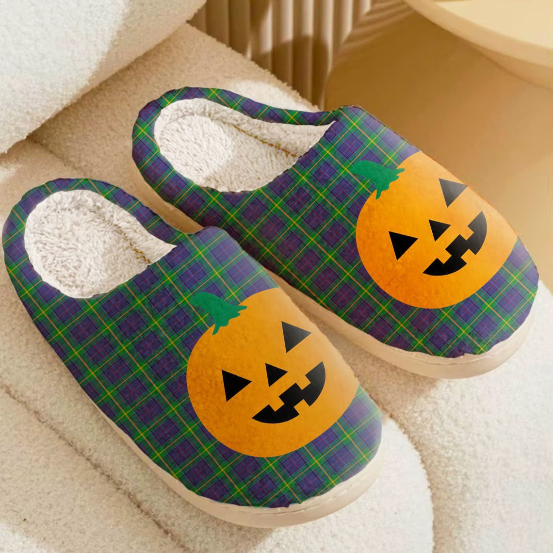 Clan Boyle Tartan Halloween Pumpkin Slippers, Fluffy Spooky Slippers HR49 Boyle Tartan Tartan Halloween   