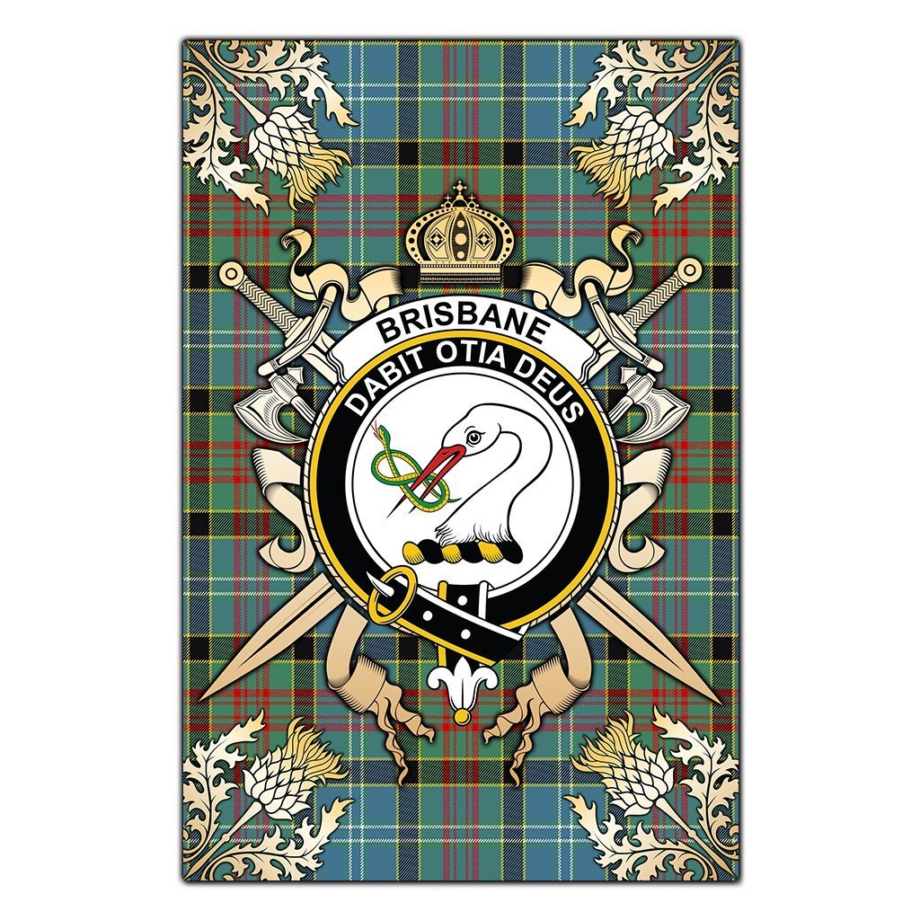 Clan Brisbane Modern Tartan Crest Black Garden Flag  - Gold Thistle  YD48 Clan Brisbane Tartan Today   