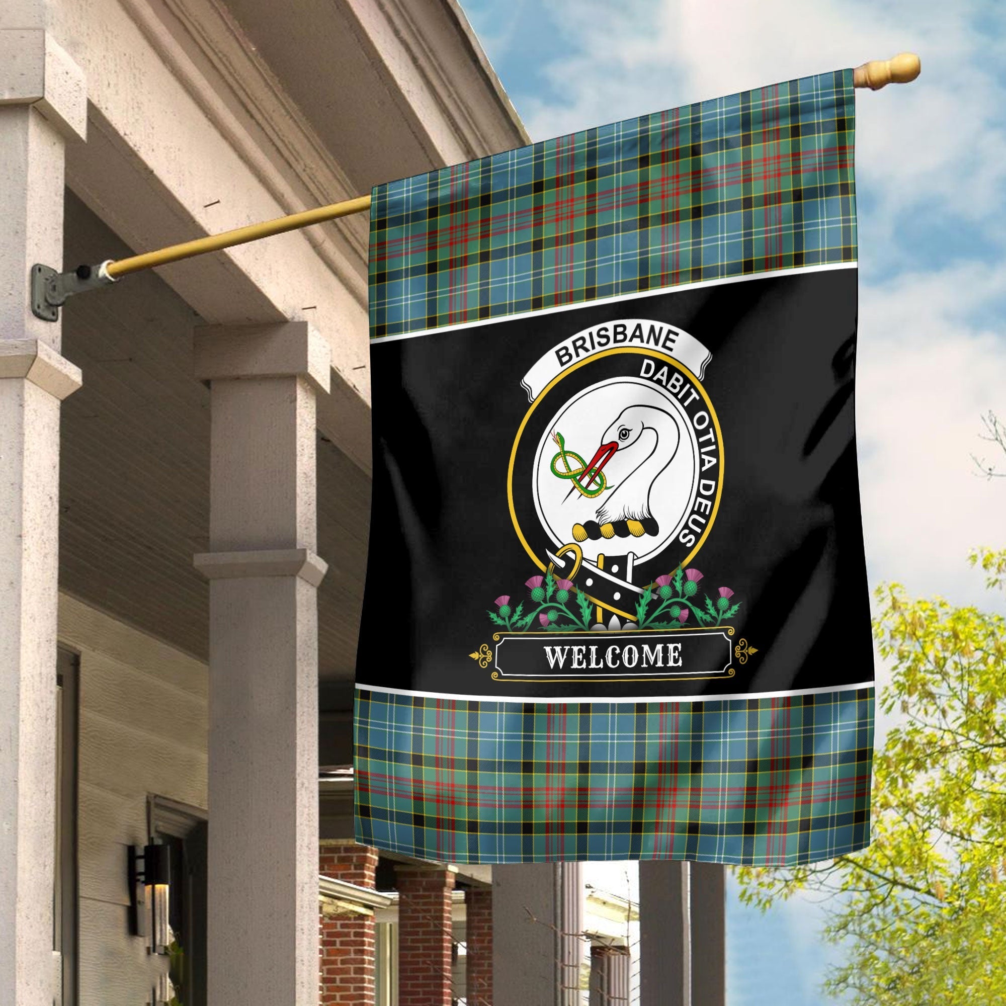 Clan Brisbane Tartan Crest Garden Flag  - Welcome  HE29 Clan Brisbane Tartan Today   