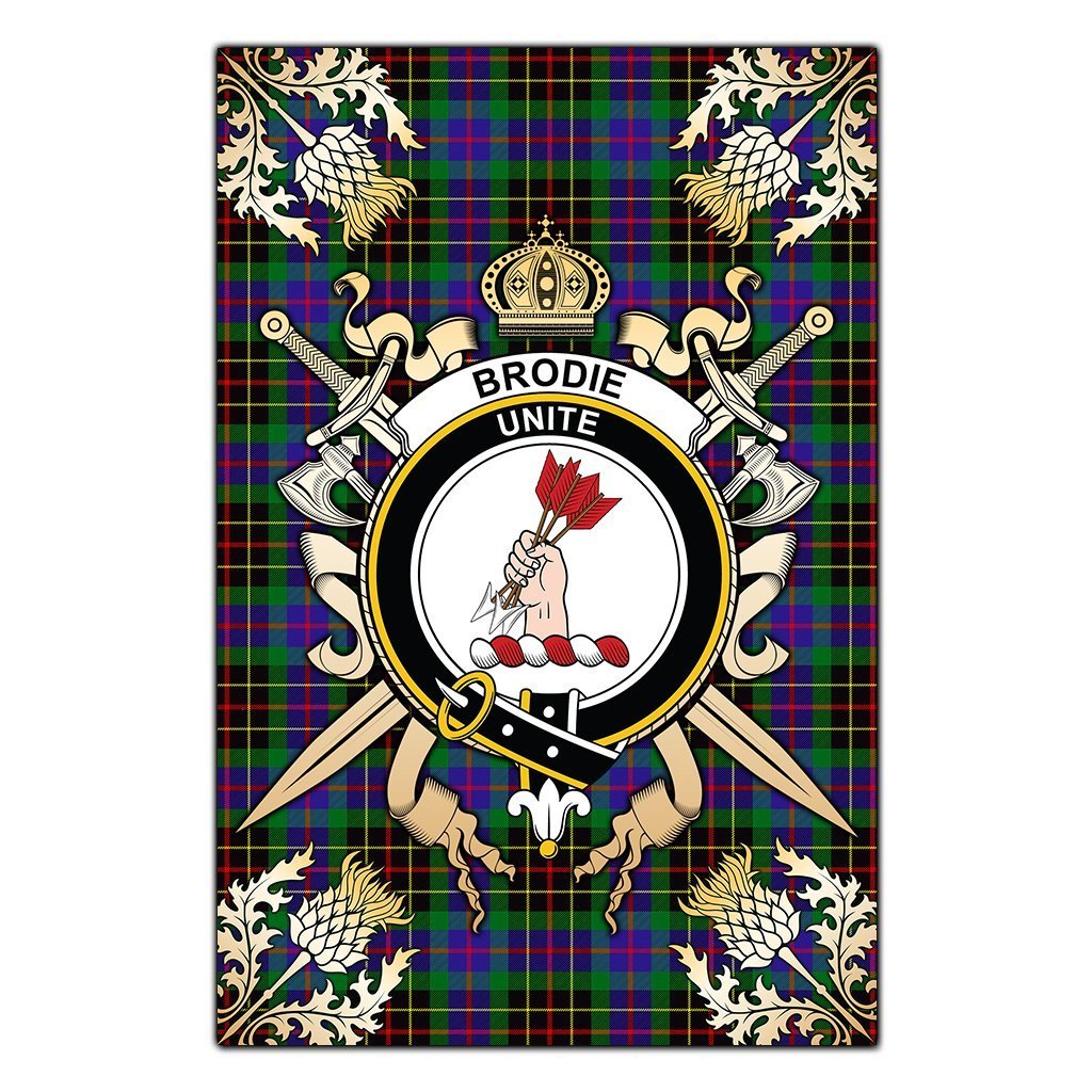 Clan Brodie Hunting Modern Tartan Crest Black Garden Flag  - Gold Thistle  NF14 Clan Brodie Tartan Today   