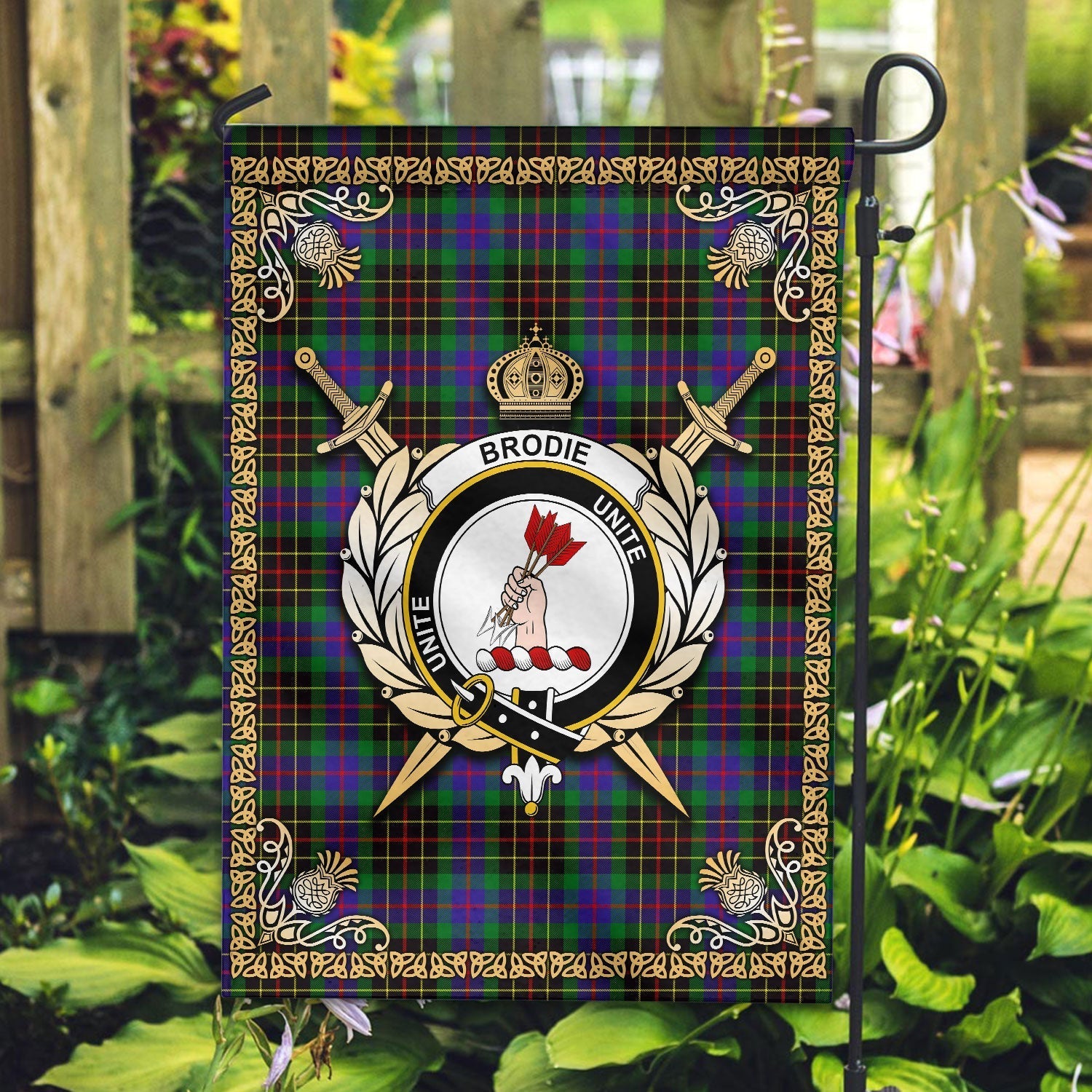 Clan Brodie Hunting Modern Tartan Crest Garden Flag  - Celtic Thistle  EY11 Clan Brodie Tartan Today   