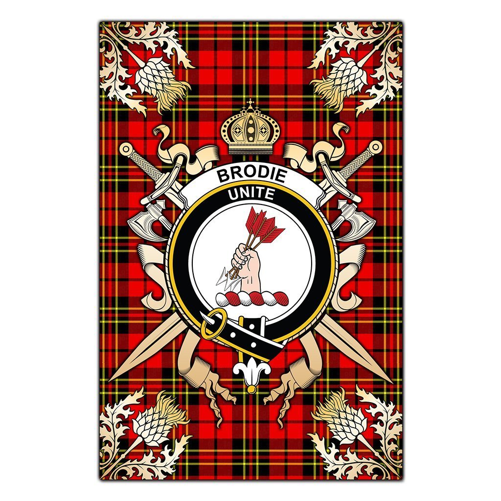 Clan Brodie Modern Tartan Crest Black Garden Flag  - Gold Thistle  NY19 Clan Brodie Tartan Today   