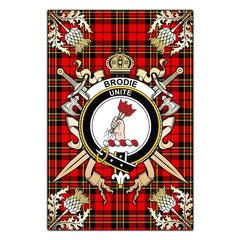 Clan Brodie Modern Tartan Crest Black Garden Flag  - Gold Thistle  NY19 Clan Brodie Tartan Today   