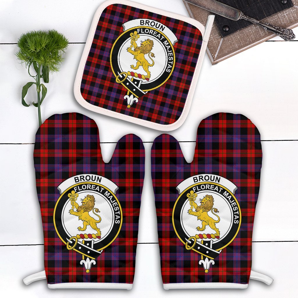 Clan Broun Modern Tartan Crest Oven Mitt And Pot Holder (2 Oven Mitts + 1 Pot Holder) QA53 Clan Brown / Broun Tartan Today   