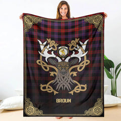 Clan Broun Modern Tartan Crest Premium Blanket Celtic Stag Style SA33 Clan Brown / Broun Tartan Today   