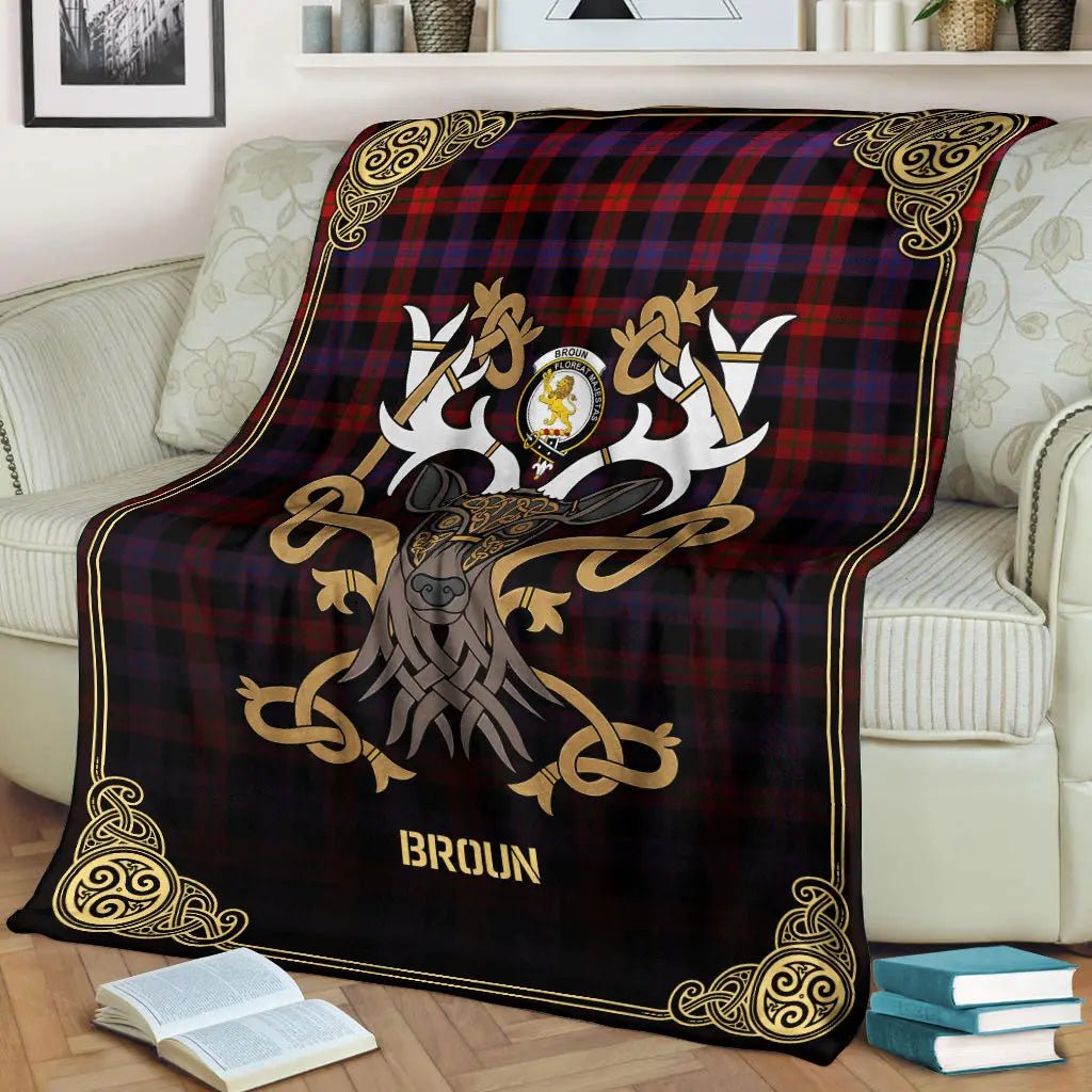 Clan Broun Modern Tartan Crest Premium Blanket Celtic Stag Style SA33 Clan Brown / Broun Tartan Today   