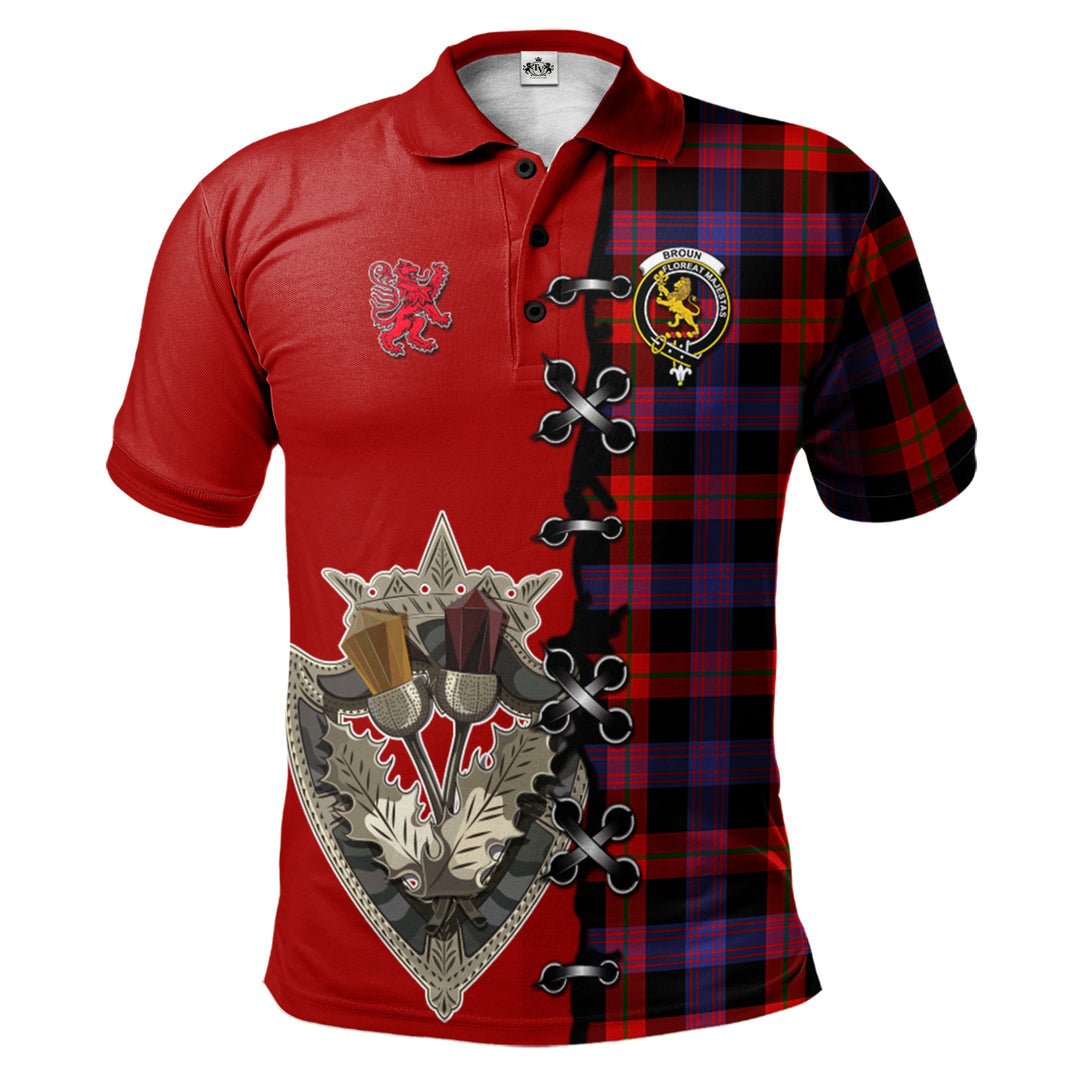 Clan Broun Modern Tartan Polo Shirt - Lion Rampant And Celtic Thistle Style NV45 Broun Modern Tartan Tartan Polo   