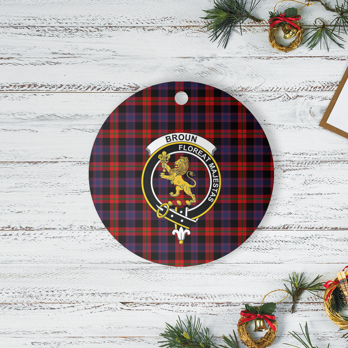 Clan Broun Tartan Crest Round Ceramic Ornament AU76 Broun Tartan Tartan Christmas   