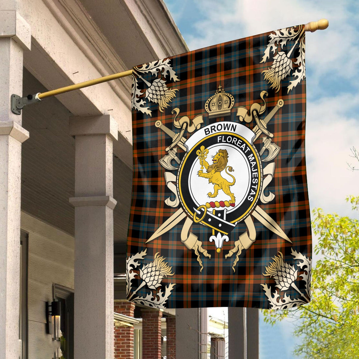 Clan Brown Ancient Tartan Crest Black Garden Flag  - Gold Thistle  HL98 Clan Brown / Broun Tartan Today   