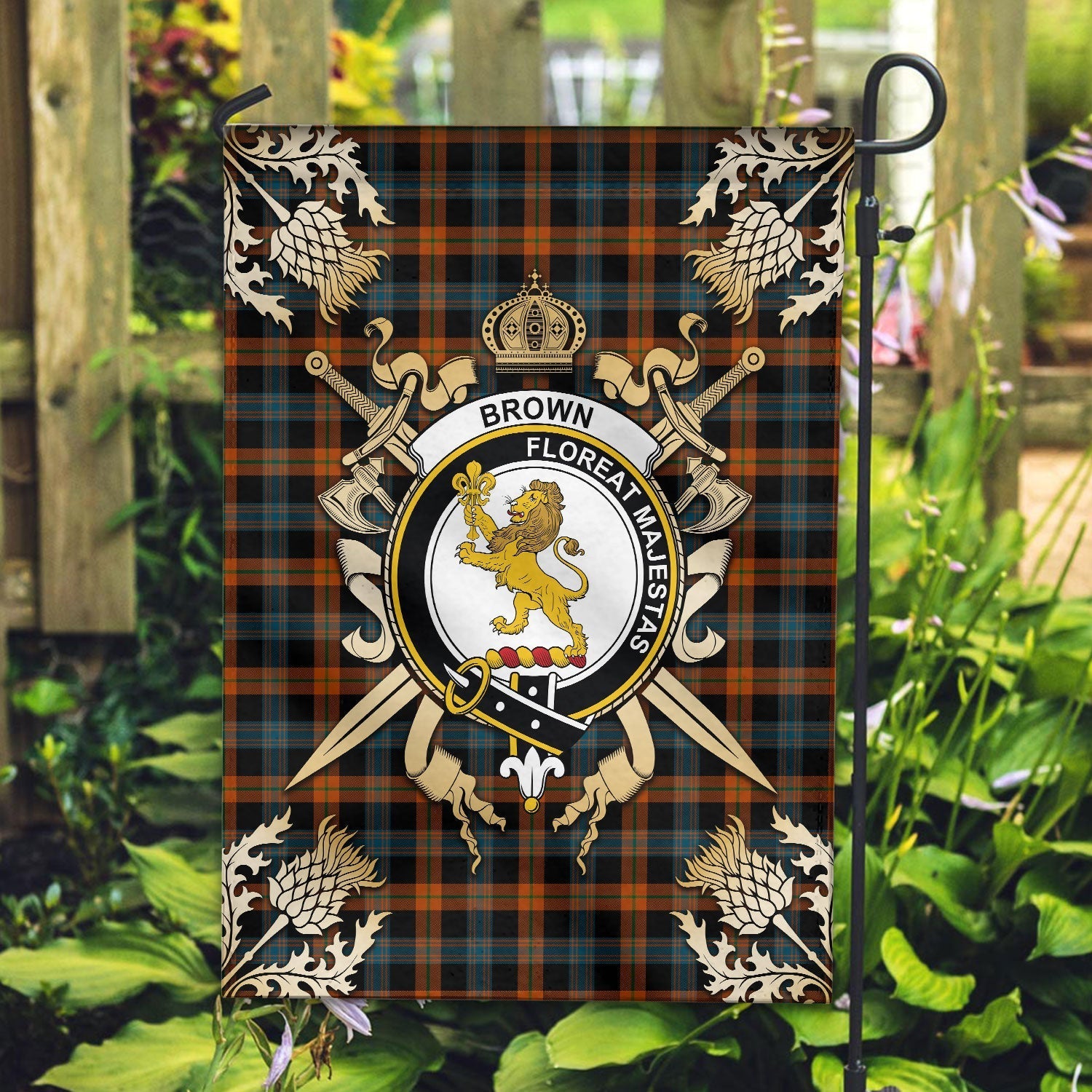 Clan Brown Ancient Tartan Crest Black Garden Flag  - Gold Thistle  HL98 Clan Brown / Broun Tartan Today   