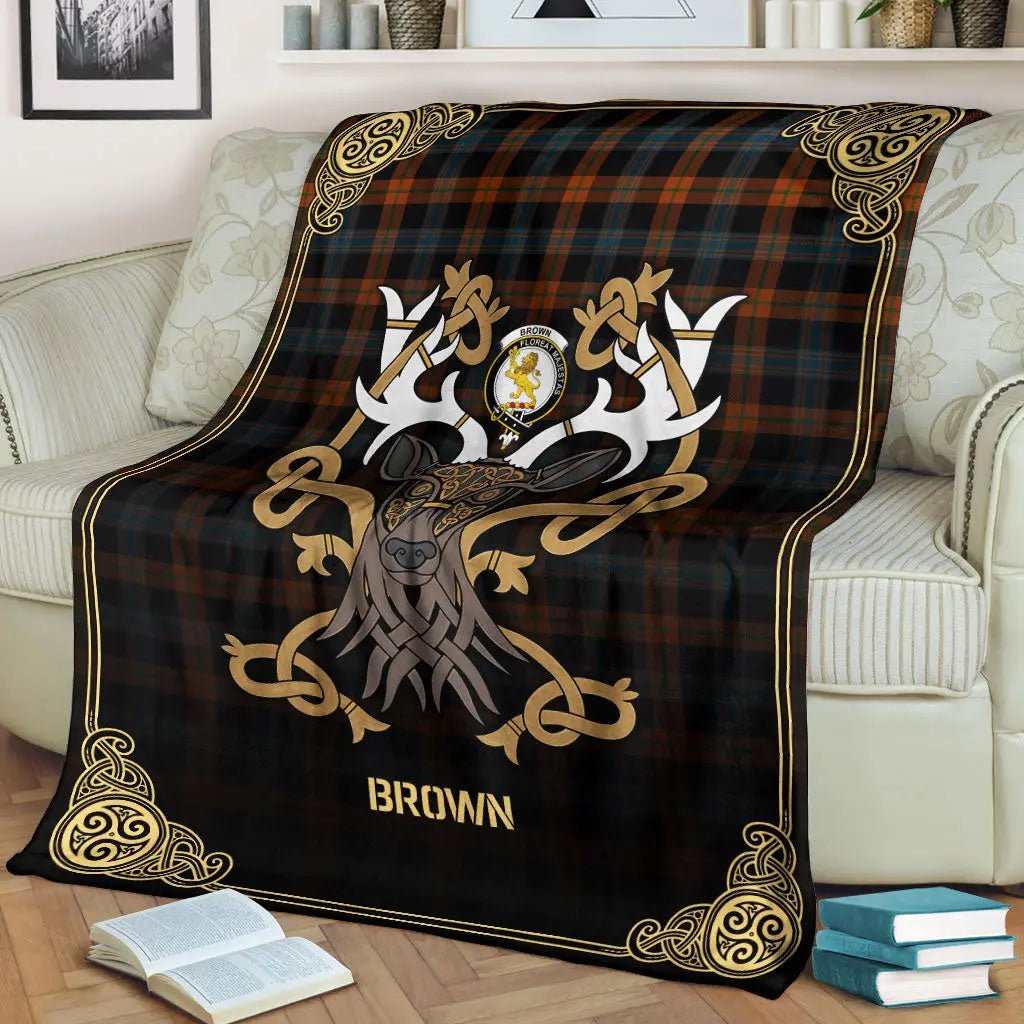 Clan Brown Ancient Tartan Crest Premium Blanket Celtic Stag Style EA46 Clan Brown / Broun Tartan Today   