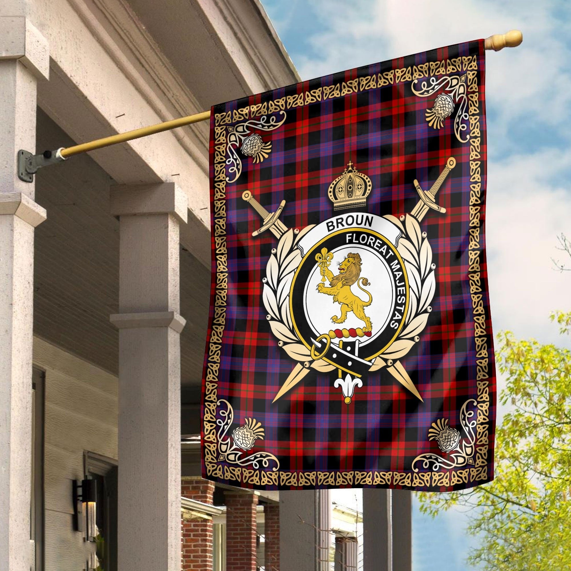 Clan Brown Modern Tartan Crest Garden Flag  - Celtic Thistle  WG30 Clan Brown / Broun Tartan Today   