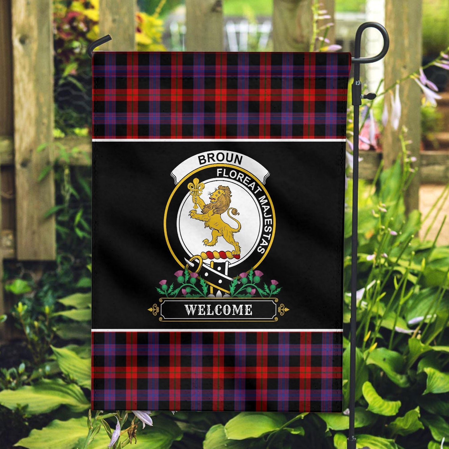 Clan Brown Modern Tartan Crest Garden Flag  - Welcome  LZ18 Clan Brown / Broun Tartan Today   