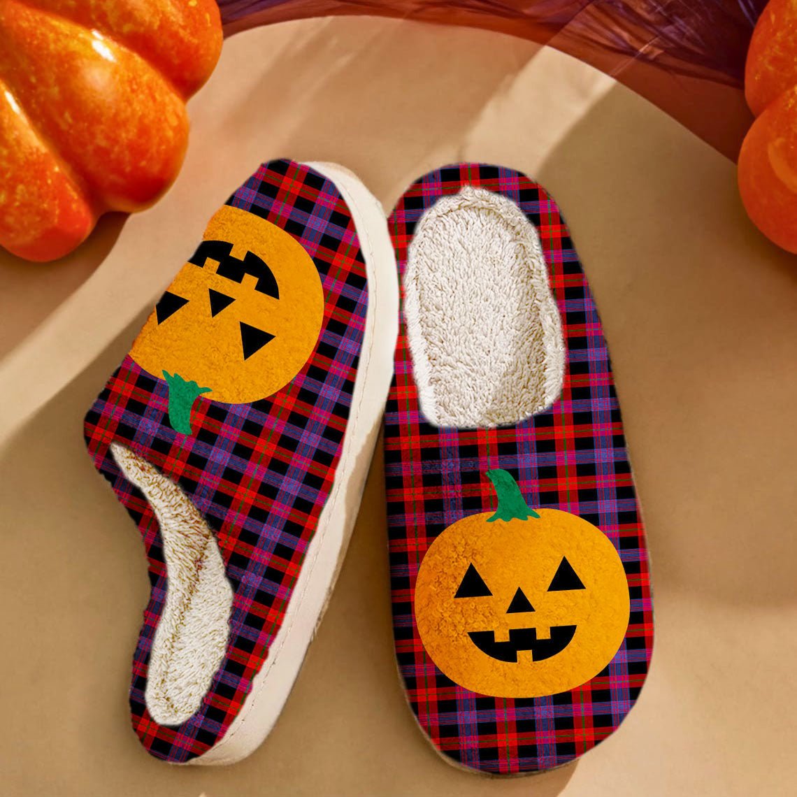 Clan Brown Modern Tartan Halloween Pumpkin Slippers, Fluffy Spooky Slippers RF98 Brown Modern Tartan Tartan Halloween   