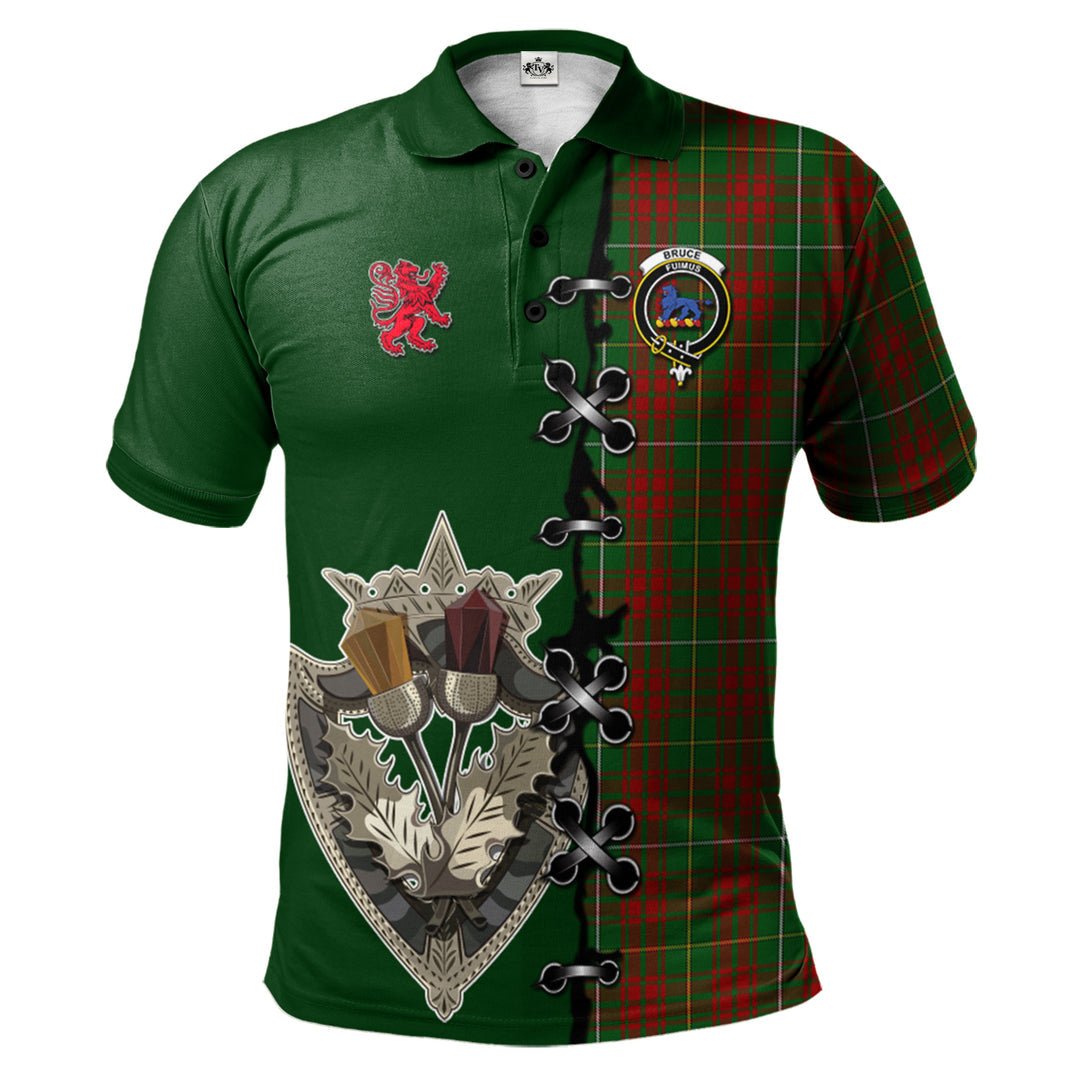 Clan Bruce Hunting Tartan Polo Shirt - Lion Rampant And Celtic Thistle Style FE13 Bruce Hunting Tartan Tartan Polo   