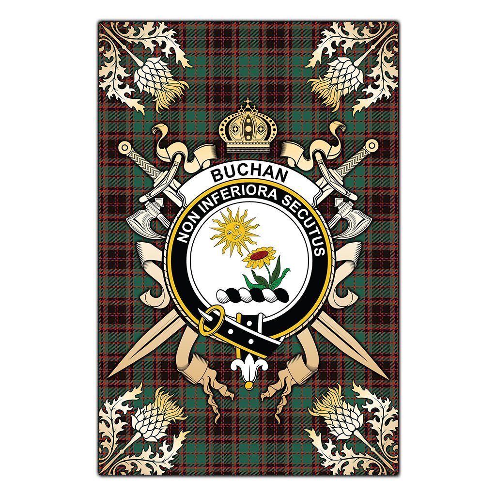 Clan Buchan Ancient Tartan Crest Black Garden Flag  - Gold Thistle  TI24 Clan Buchan Tartan Today   