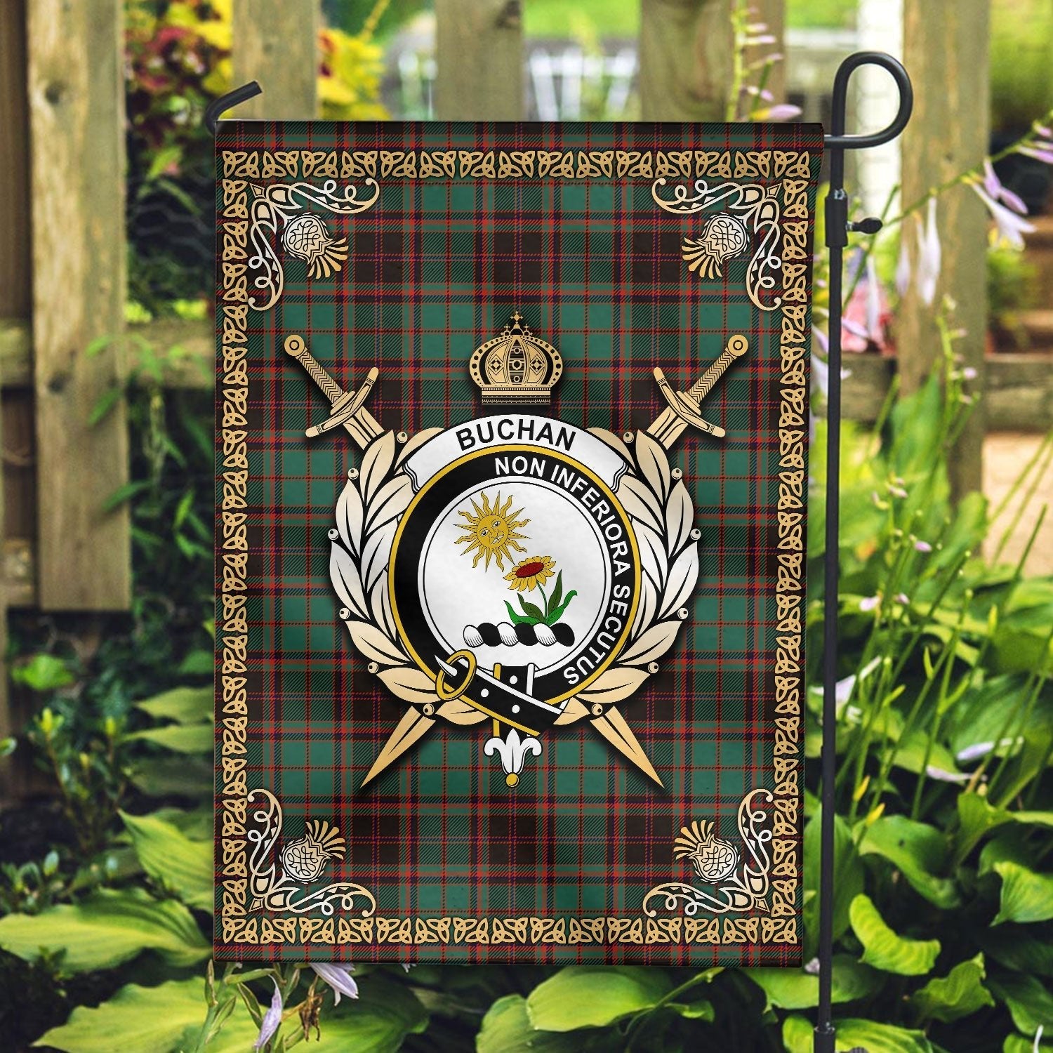 Clan Buchan Ancient Tartan Crest Garden Flag  - Celtic Thistle  KM16 Clan Buchan Tartan Today   