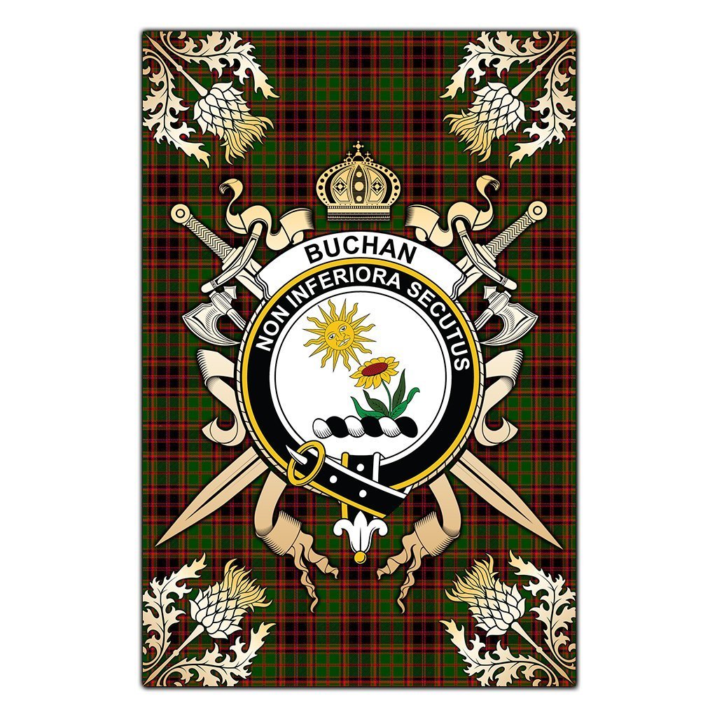 Clan Buchan Modern Tartan Crest Black Garden Flag  - Gold Thistle  AX81 Clan Buchan Tartan Today   