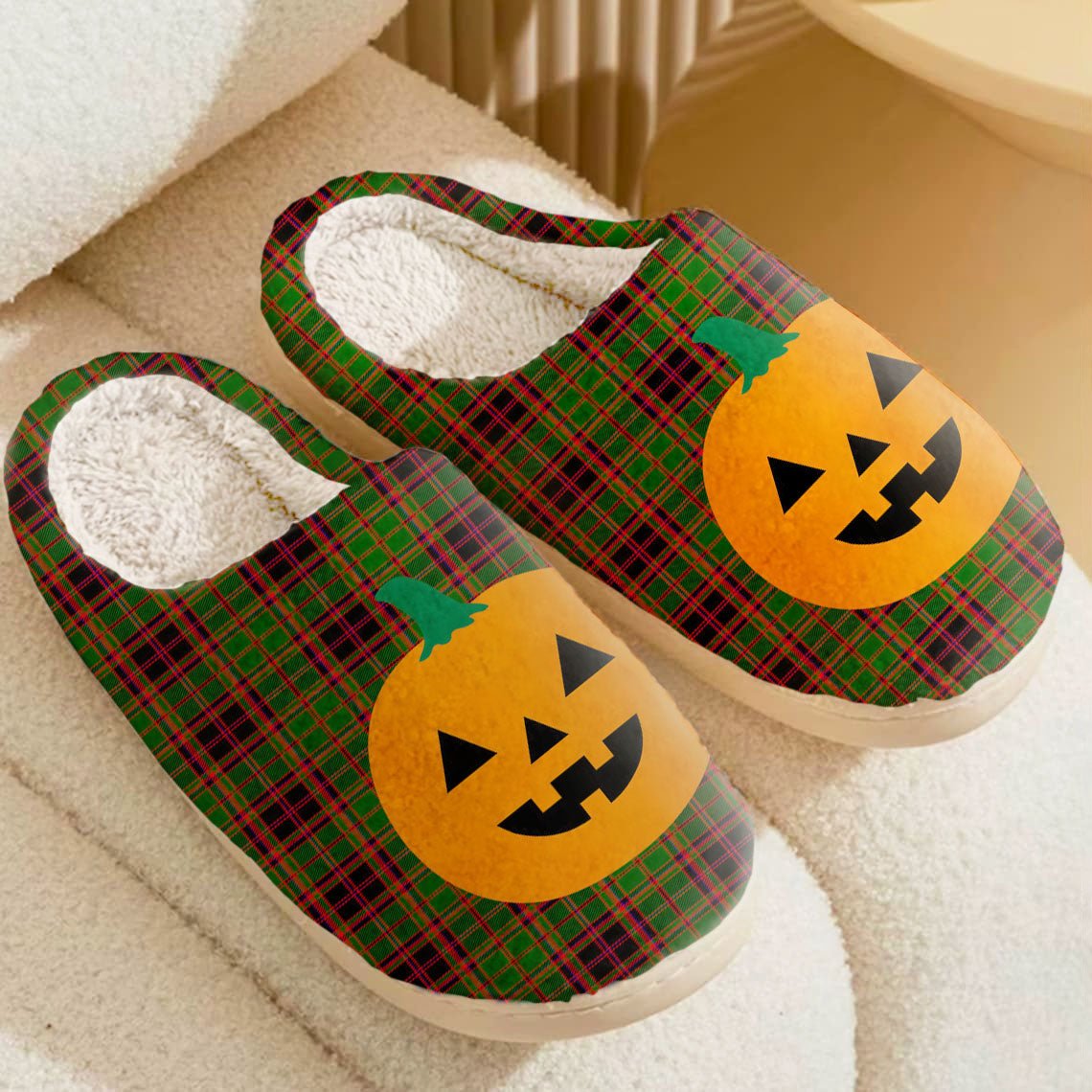 Clan Buchan Modern Tartan Halloween Pumpkin Slippers, Fluffy Spooky Slippers ZP42 Buchan Modern Tartan Tartan Halloween   