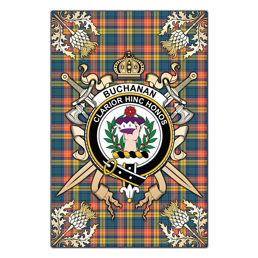 Clan Buchanan Ancient Tartan Crest Black Garden Flag  - Gold Thistle  LR82 Clan Buchanan Tartan Today   