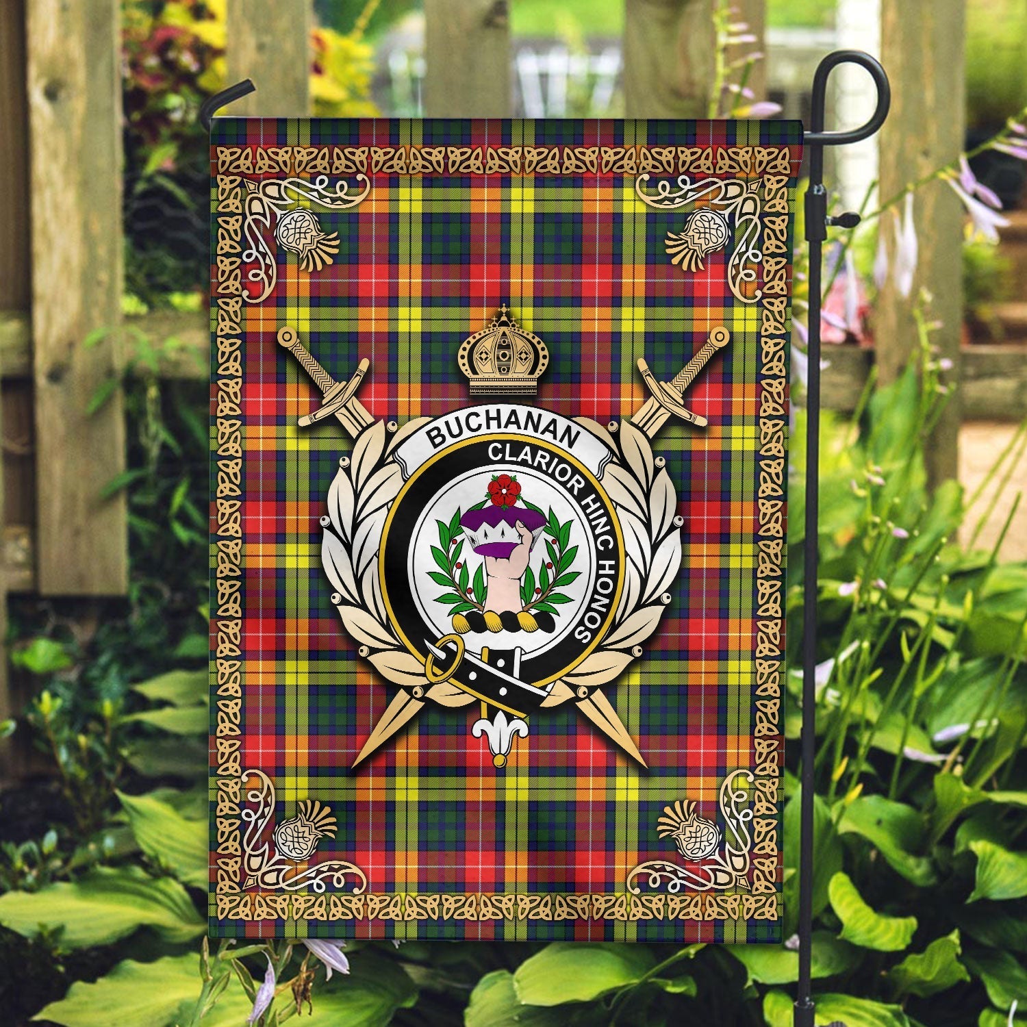 Clan Buchanan Modern Tartan Crest Garden Flag  - Celtic Thistle  ZA27 Clan Buchanan Tartan Today   