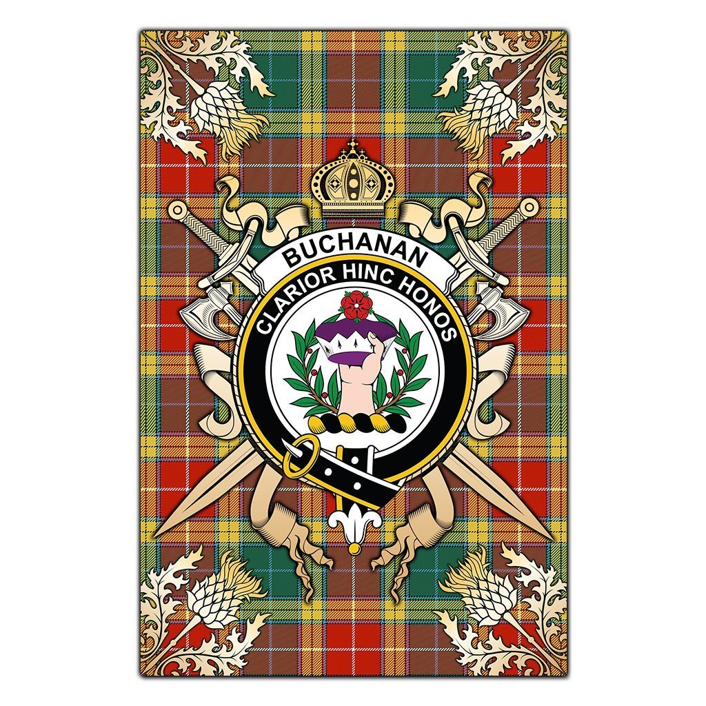 Clan Buchanan Old Sett Tartan Crest Black Garden Flag  - Gold Thistle  XP44 Clan Buchanan Tartan Today   