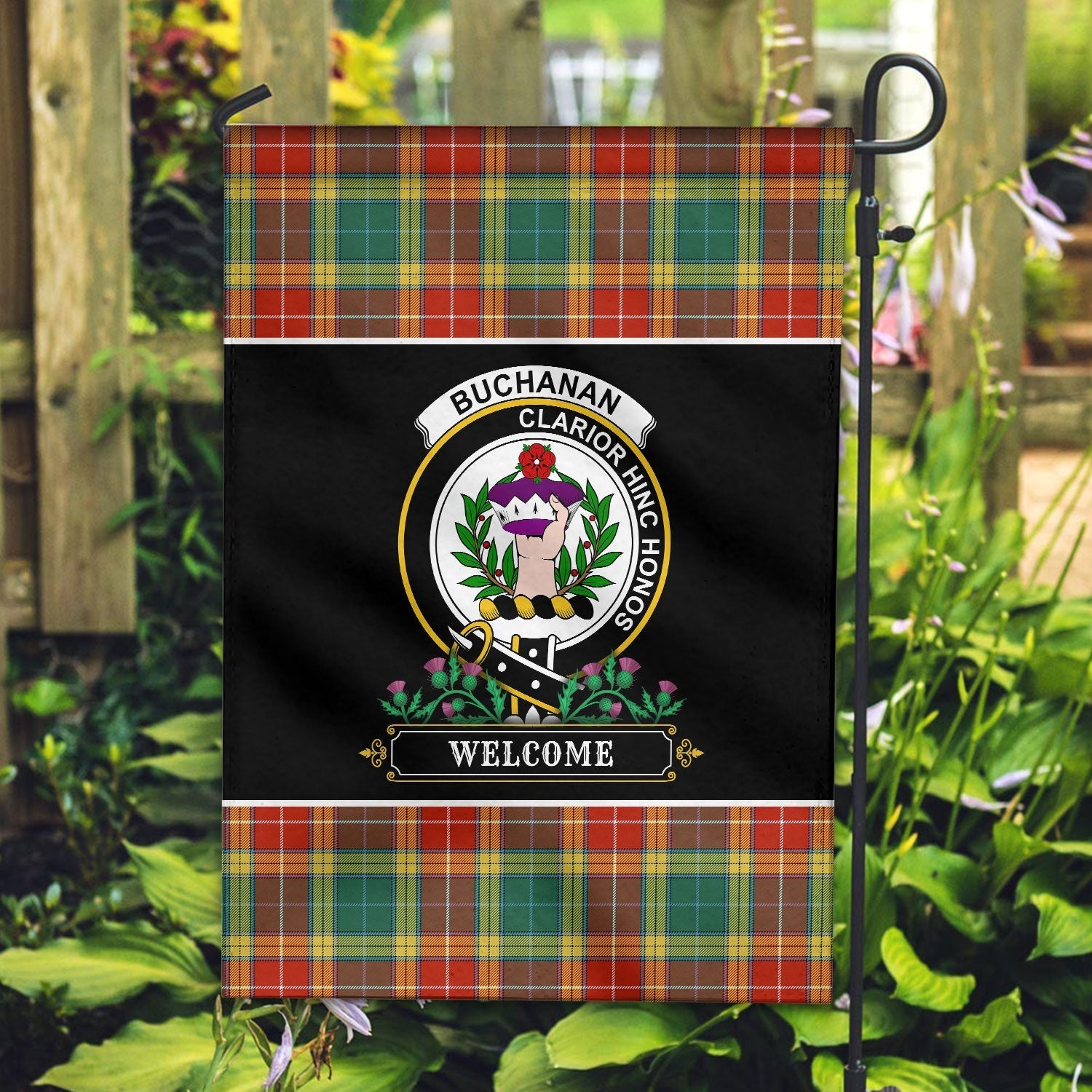 Clan Buchanan Old Sett Tartan Crest Garden Flag  - Welcome  TR21 Clan Buchanan Tartan Today   