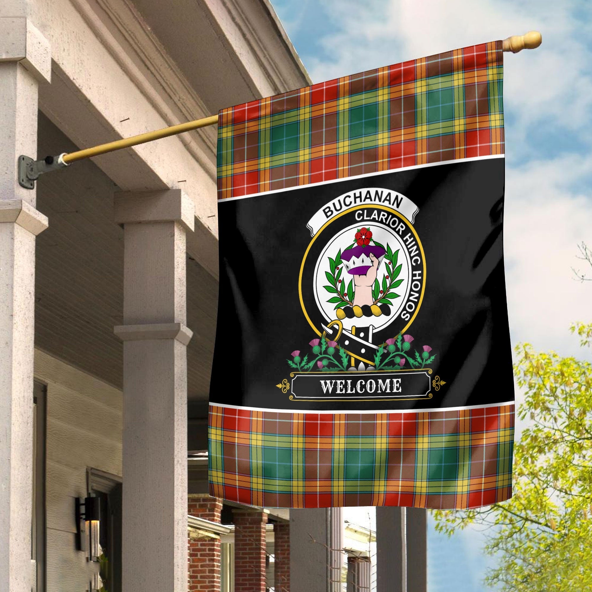 Clan Buchanan Old Sett Tartan Crest Garden Flag  - Welcome  TR21 Clan Buchanan Tartan Today   