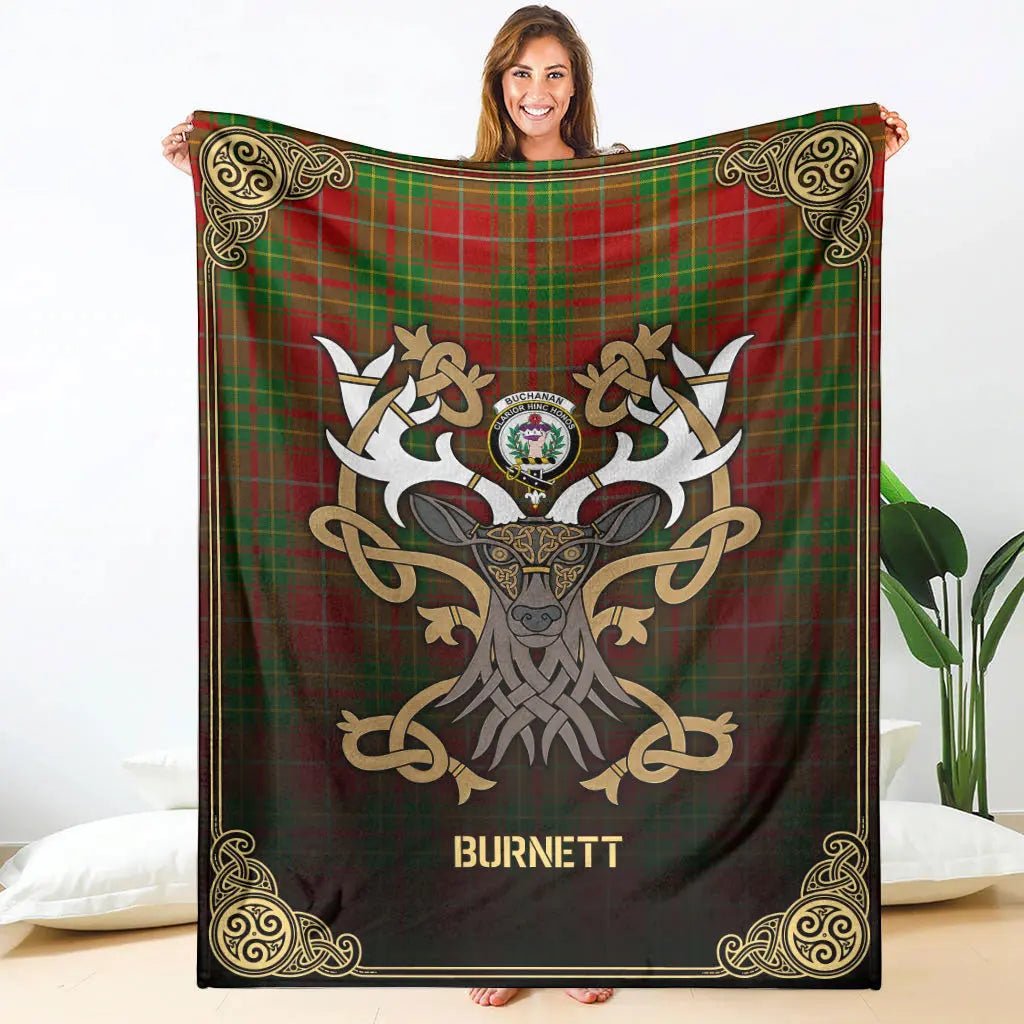 Clan Burnett Ancient Tartan Crest Premium Blanket Celtic Stag Style WP13 Clan Burnett Tartan Today   