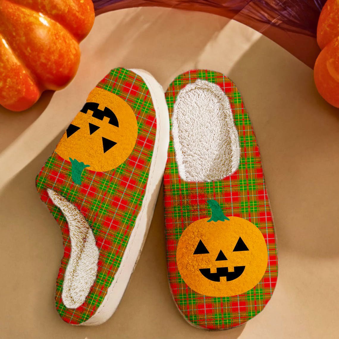 Clan Burnett Ancient Tartan Halloween Pumpkin Slippers, Fluffy Spooky Slippers JD14 Burnett Ancient Tartan Tartan Halloween   