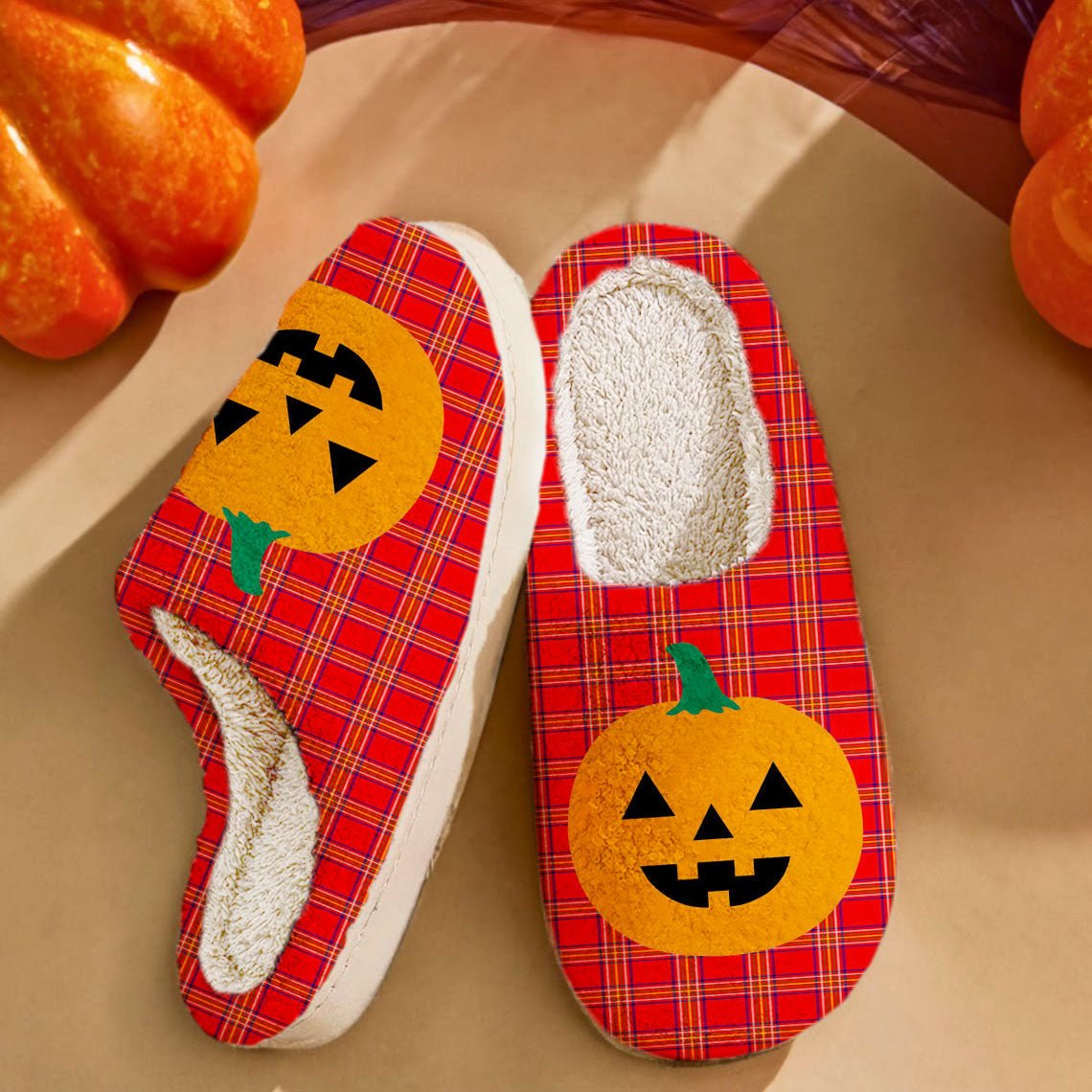 Clan Burnett Modern Tartan Halloween Pumpkin Slippers, Fluffy Spooky Slippers AP23 Burnett Modern Tartan Tartan Halloween   