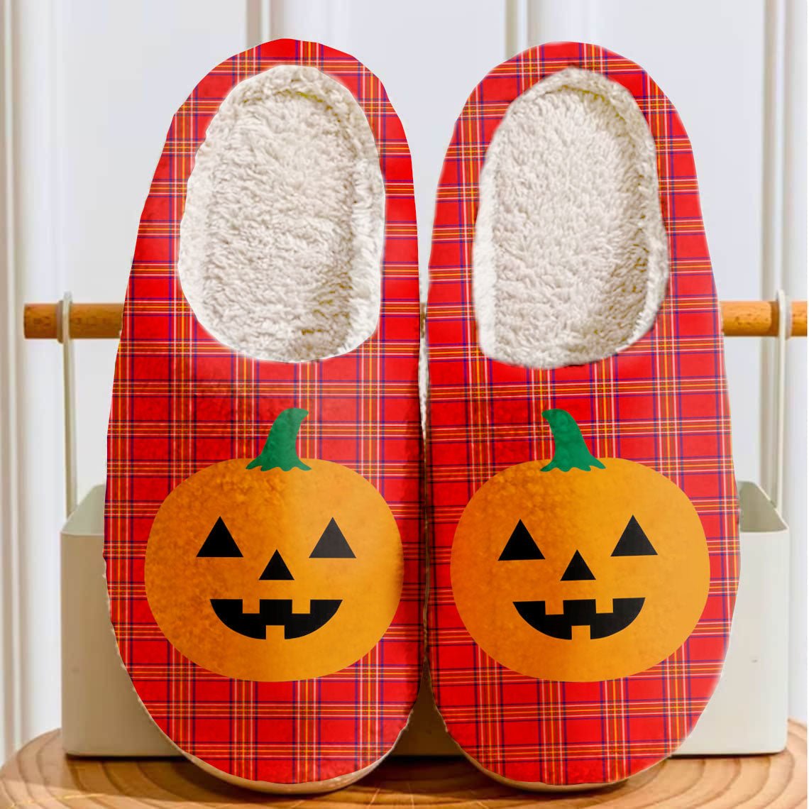 Clan Burnett Modern Tartan Halloween Pumpkin Slippers, Fluffy Spooky Slippers AP23 Burnett Modern Tartan Tartan Halloween   