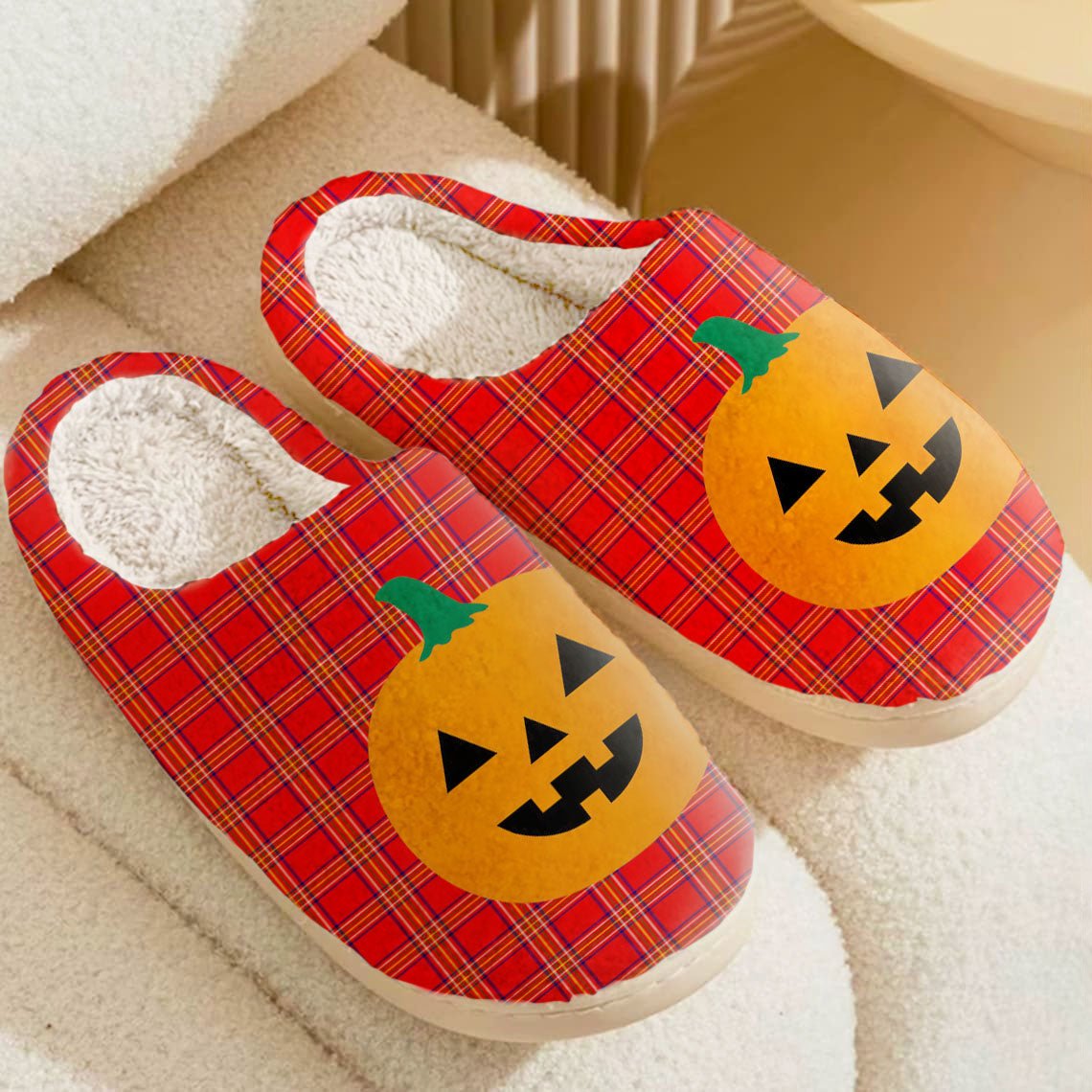 Clan Burnett Modern Tartan Halloween Pumpkin Slippers, Fluffy Spooky Slippers AP23 Burnett Modern Tartan Tartan Halloween   