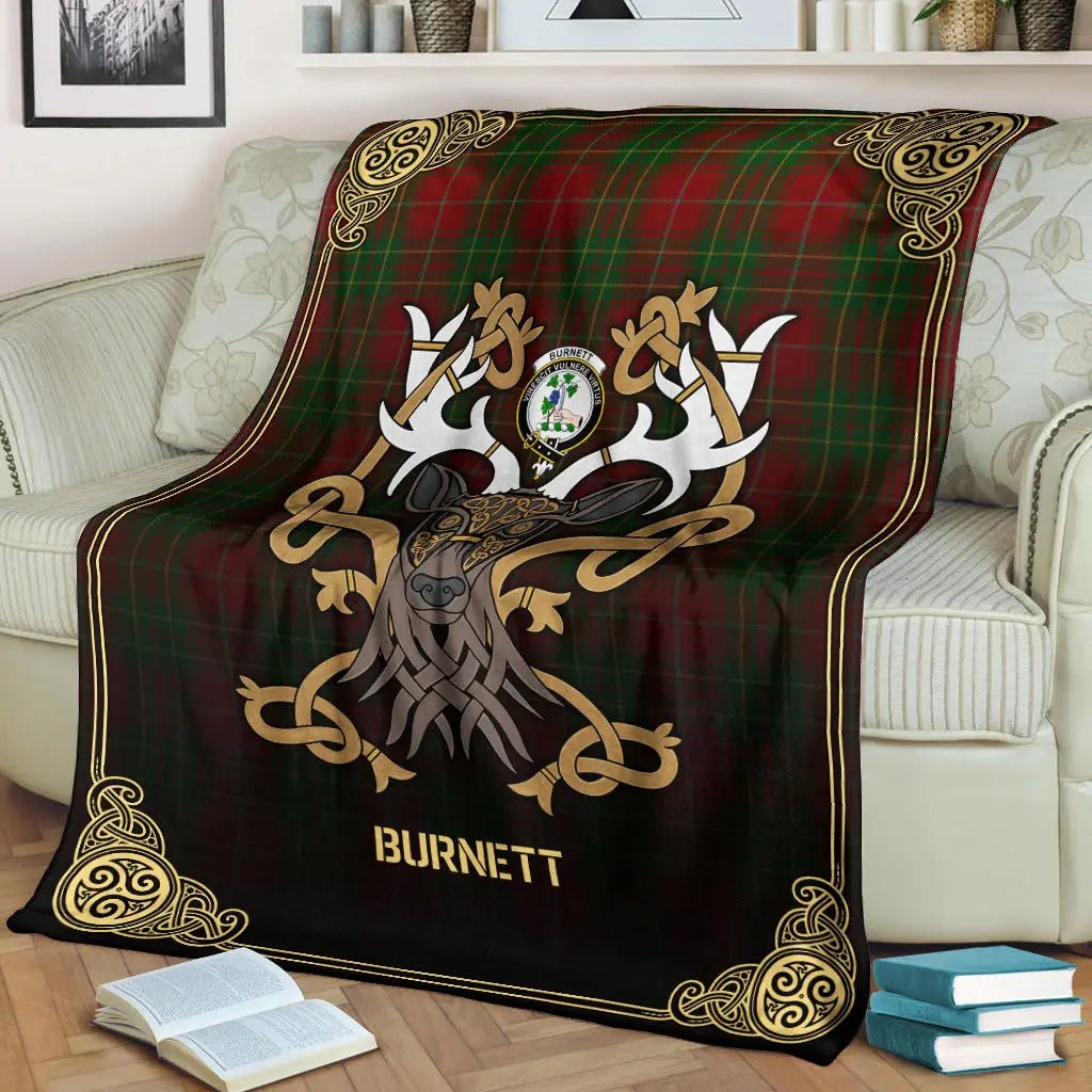 Clan Burnett Tartan Crest Premium Blanket Celtic Stag Style TV55 Clan Burnett Tartan Today   