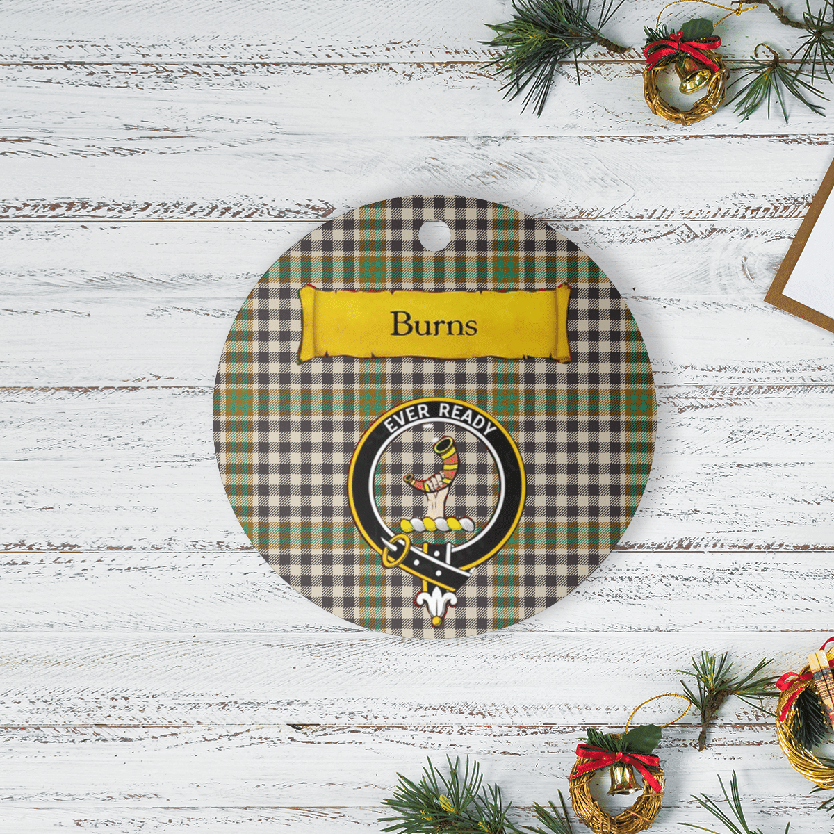 Clan Burns Check Tartan Crest Round Ceramic Ornament EE81 Burns Check Tartan Tartan Christmas   