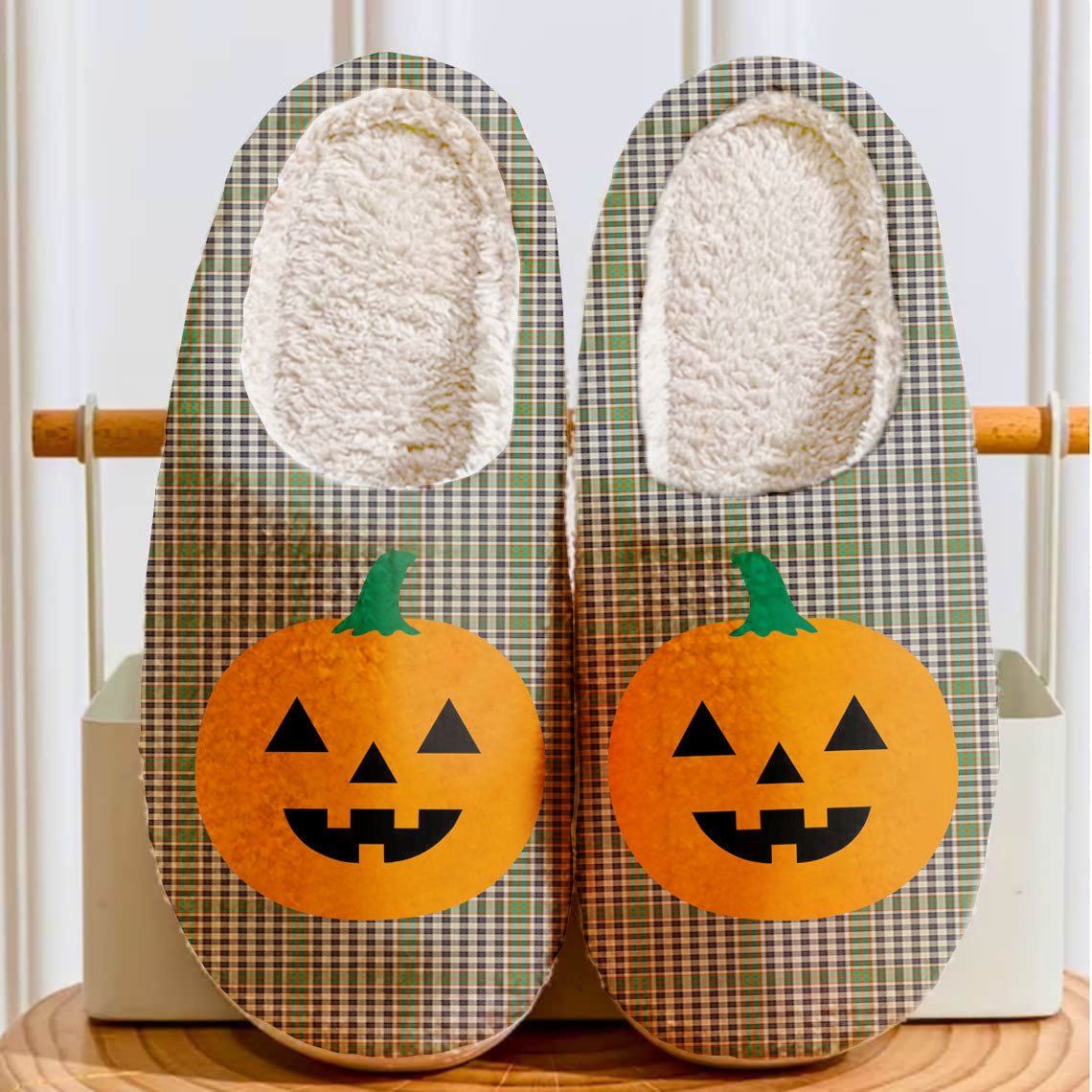 Clan Burns Check Tartan Halloween Pumpkin Slippers, Fluffy Spooky Slippers IU29 Burns Check Tartan Tartan Halloween   