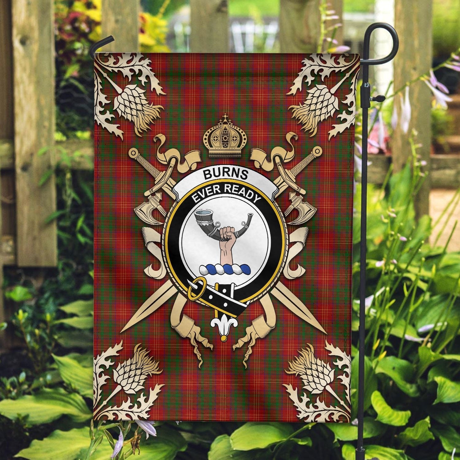 Clan Burns Tartan Crest Black Garden Flag  - Gold Thistle  NF74 Clan Burns Tartan Today   