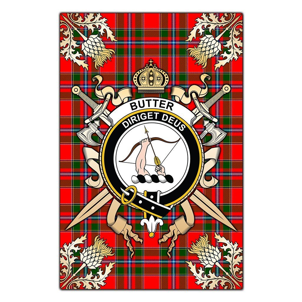 Clan Butter Tartan Crest Black Garden Flag  - Gold Thistle  AX48 Clan Butter Tartan Today   