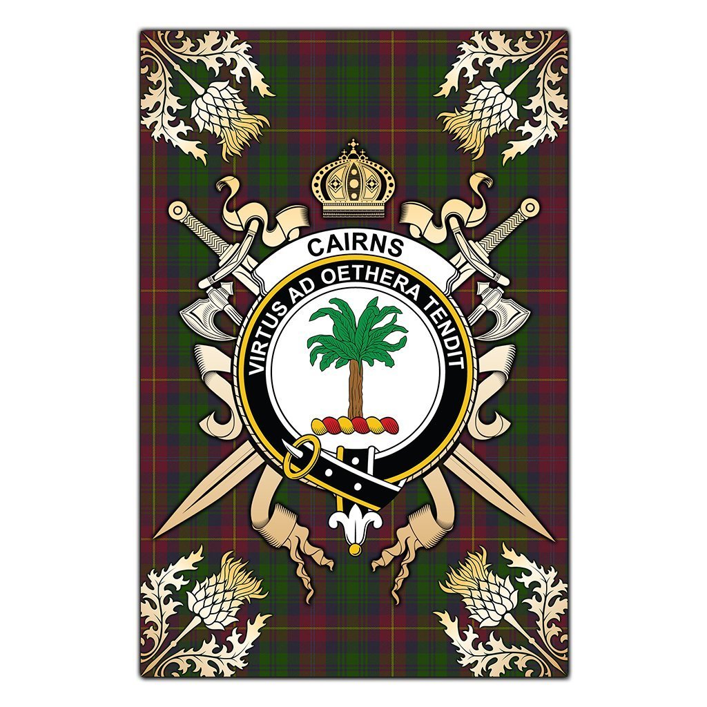 Clan Cairns Tartan Crest Black Garden Flag  - Gold Thistle  JE73 Clan Cairns Tartan Today   