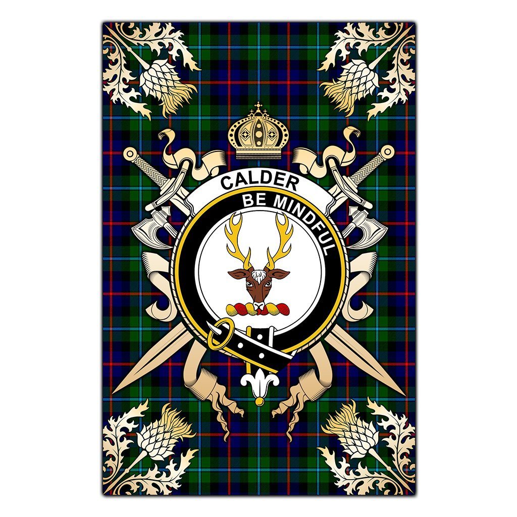 Clan Calder Modern Tartan Crest Black Garden Flag  - Gold Thistle  UA98 Clan Calder Tartan Today   