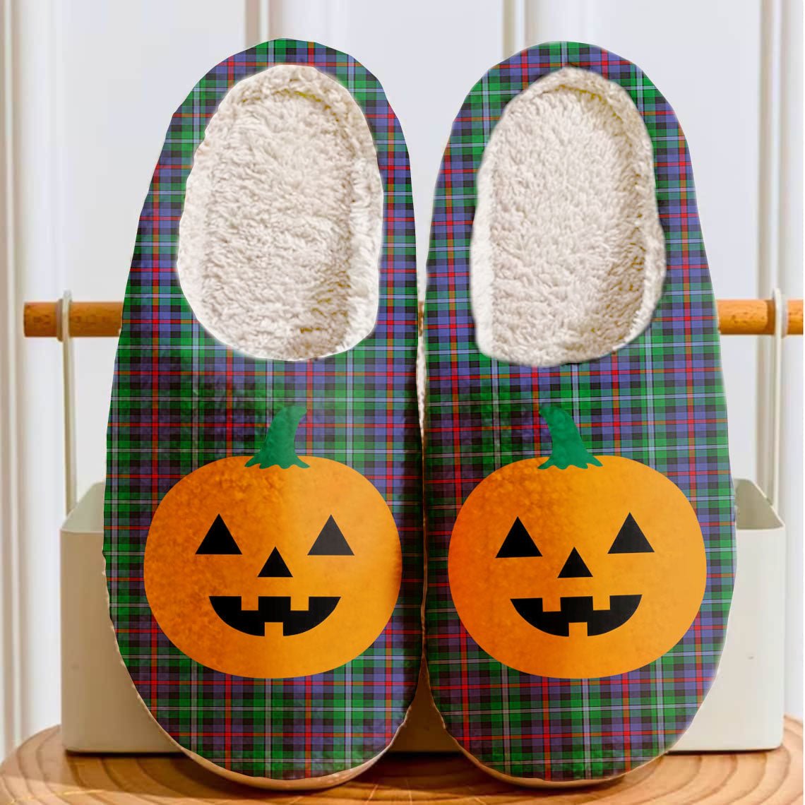 Clan Calder Tartan Halloween Pumpkin Slippers, Fluffy Spooky Slippers XV34 Calder Tartan Tartan Halloween   